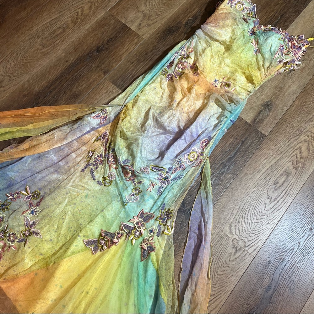 Vintage 100% Silk Dress Vintage Cache Rainbow Dress Prom Vintage Beaded Dress - Picture 3 of 17